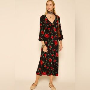 RIXO Mavis Silk Midi Dress, Claudia Rose Black NWT